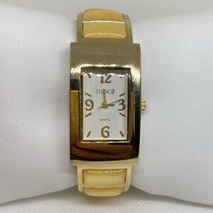 Studio women gold tone watch 21mm quartz analog cuff bracelet size 6” running